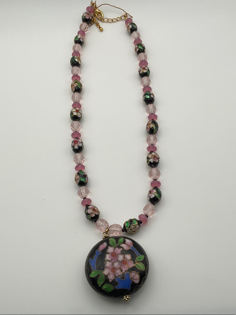 Vintage Floral Cloisonné Rose Quartz Pendant Necklace